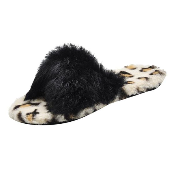 

round-toe leopard print flat shoes keep warm one word cotton drag zapatos de mujer indoor bedroom lovers couples floor shoes, Black