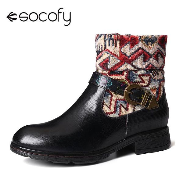 

socofy retro genuine leather splicing metal buckle zipper flat ankle boots flat elegant shoes women shoes botas mujer 2019, Black