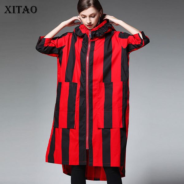 

xitao striped women hooded trench women korea fashion plus size long elegant 2019 autumn split pocket goddess fan coat wqr1462, Tan;black