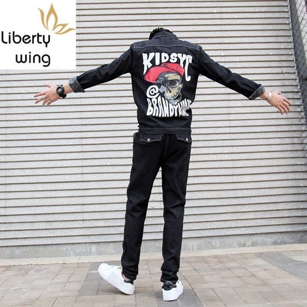 

винтаж весна осень мужские повседневные джинсовые комбинезоны мода с длинным рукавом однобортный назад печатный топ тонкий полная длина брюк, Blue