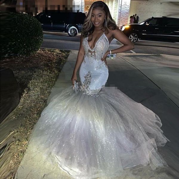 

sleeveless sheer appliques mermaid prom dresses african style crystal backless sweep train evening gowns customzie, Black