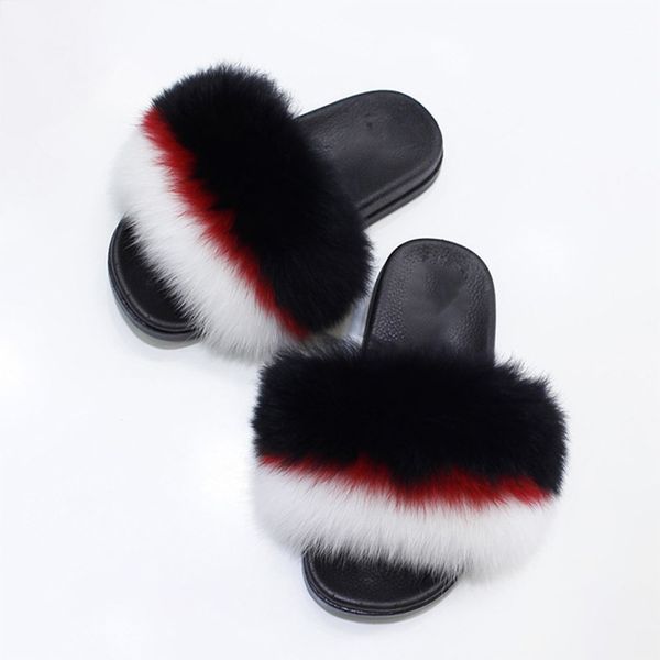 

fur slippers ladies real fox fur slippers home furry sandals women cute fluffy house shoes women brand luxury fur slippers, Black