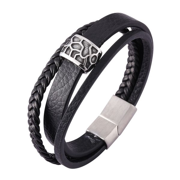 

punk male jewelry accessories black multilayer braided leather bracelet men stainless steel magnet buckle leather bangle sp0446, Golden;silver