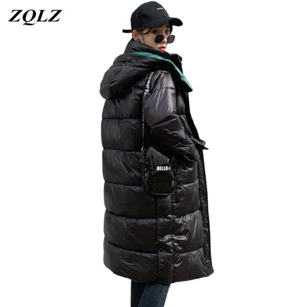 

zqlz 2019 ladies high end jacket polyamide hoodie womens thick warm long parka mujer winter down hooded jackets coat female, Black