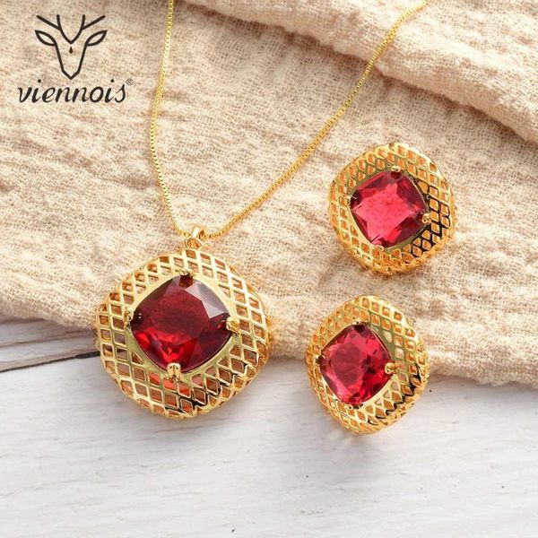 

viennois jewelry set for women gold color hollow out design necklace stud red zircon earrings party jewelry, Silver