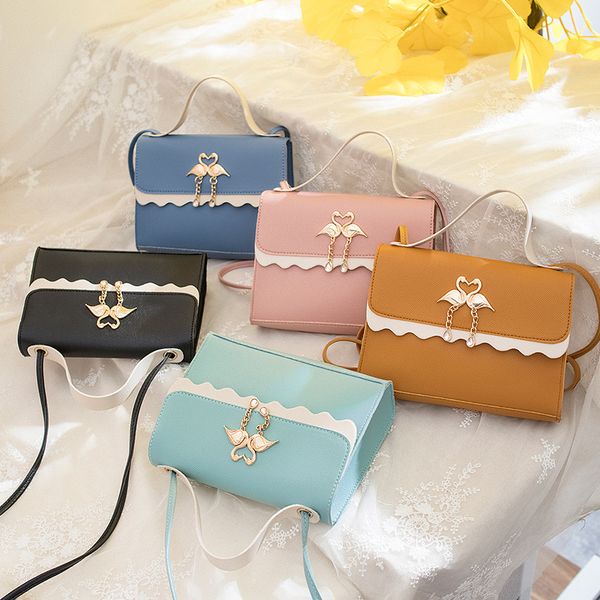 

2020 summer small bag women pu leather fashion square messenger bag metal swan pendant small contrasting color phone #15