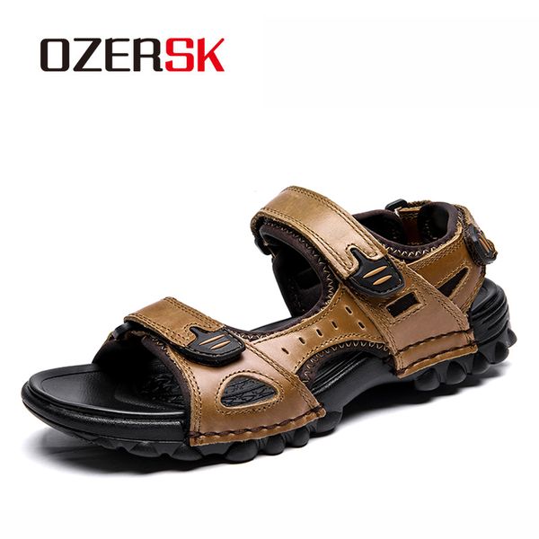 

ozersk 2020 new fashion summer beach breathable men sandals genuine leather men's sandal men breathable slippers, Black