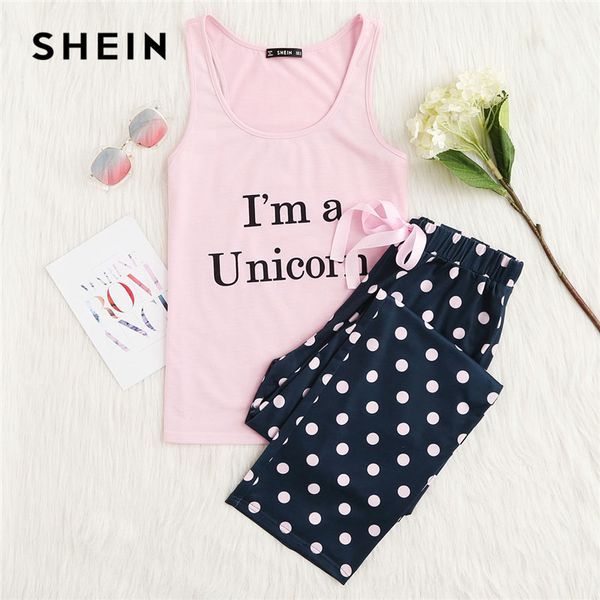 

shein casual letter print tank polka dot pants pajama set 2018 summer women scoop neck sleeveless colorblock preppy nightwear, Black;red
