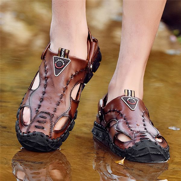 

men's sandals summer men shoes breathable leather casual sandals sports slippers outdoor large size flat flip sandalias hombre, Black