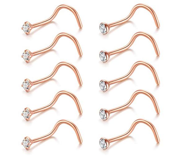 

50pcs/lot gem nose rings 20g nostril ring screw studs new body piercing jewelry surgical steel rose gold, Slivery;golden