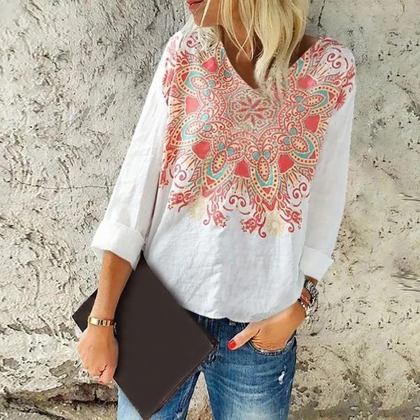 

feitong winter blouse women loose v-neck long sleeve flower print casual blouse women's blouses 2019 fashion clothing, White