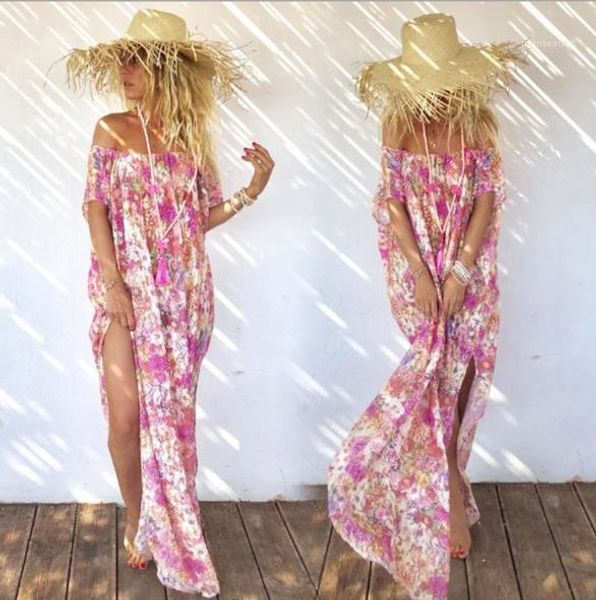 

floral printed womens bohemian dresses fashionable designer strapless beach vacation dresses summer casual womens split dresses, Black;gray