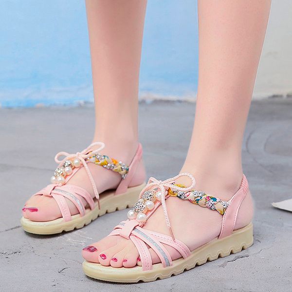 

vogue nice women sandals string bead summer shoes beach flat sandals women casual shoes sandalias mujer pink, Black