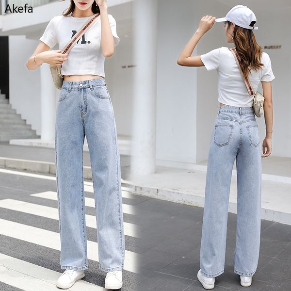 

women's jeans 2020 new fall drape high waist slim straight jeans wide leg, Blue