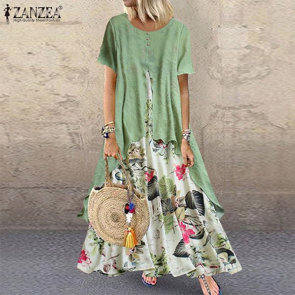 

summer vintage floral printed patchwork dress zanzea 2019 women party sundress casual short sleeve long maxi vestido femme robe, Black;gray