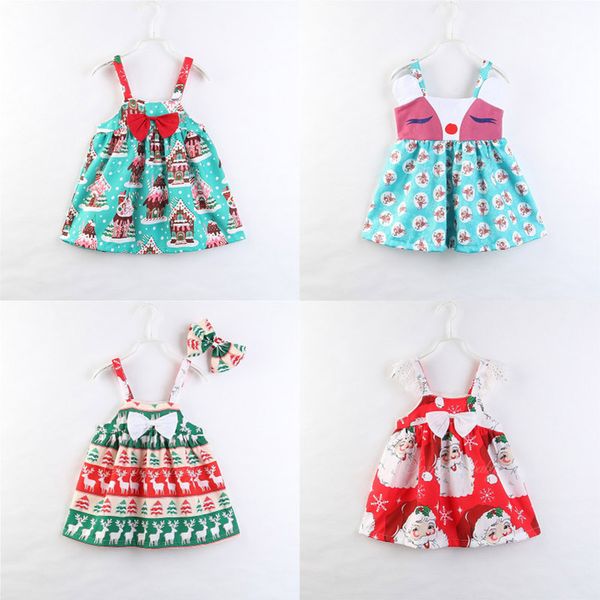 

kids girls christmas dresses 4 designs bow tie santa claus moose printed sling lace dress girls party peform costume 2-7t, Red;yellow
