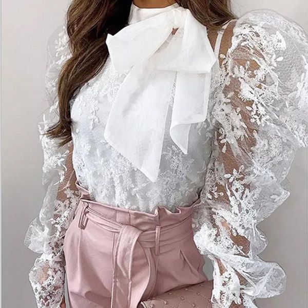 

summer women puff sleeve hollow blouses spring 2020 lace mesh sheer bow long sleeve bow collar office ladies blouses, White