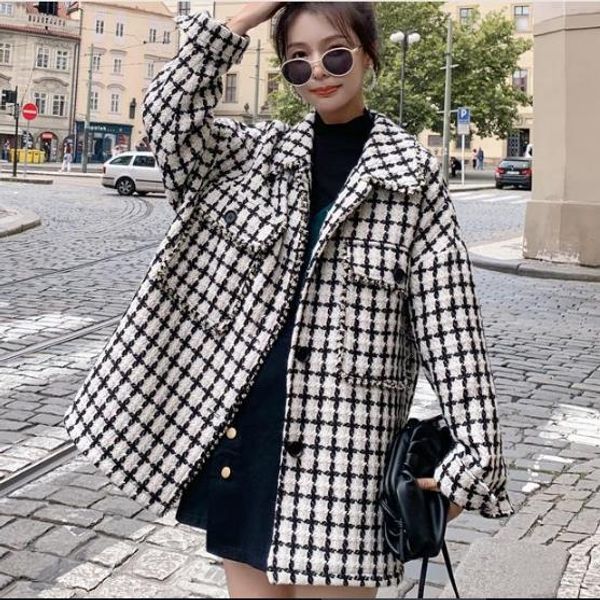 

women 2019 plaid twist tweed long oversize jacket coat fall winter turn-down collar asymmetric loose trendy checked outwear z219, Black