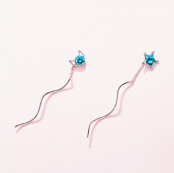 

anenjery 925 sterling silver blue crystal moon star asymmetric long tassel wave chain earrings with shiny zircon jewelry s-e577