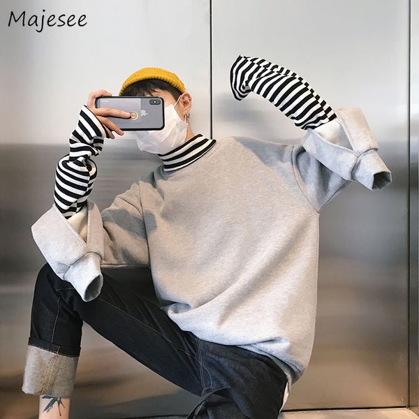 

hoodies men turtleneck striped patchwork leisure simple all-match korean style leisure hoodies mens daily trendy sweatshirts, Black