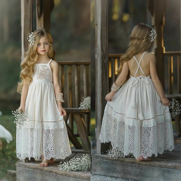

new bohemian flowers girls dresses for wedding spaghetti backless lace appliques flower kids pageant gowns beach birthday party dress, White;blue