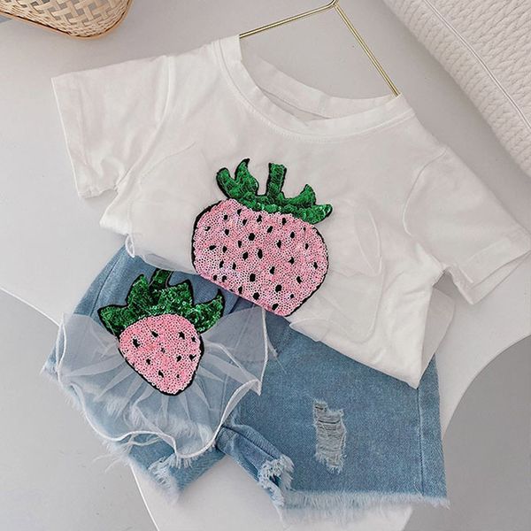 

2020 new girls clothing sets summer stawberry print and denim pants 2pcs girl outfits toddler baby clothes 1 6y, White