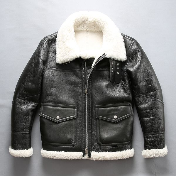 

winter leather men's pilot shearling thick merino sheep natural white fur coat men flight jacket male, Black