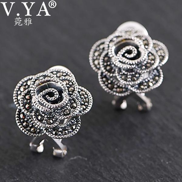 

v.ya 925 sterling silver stud earrings for women gift mosaic retro thai silver rose flower stud earrings fashion jewelry brinco, Golden;silver