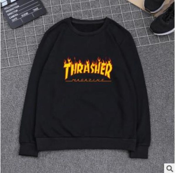 

thrasher европейский и американский популярный логотип flame мужской флис весенне-осенний период и хань издание новый круглый воротник leign, Black