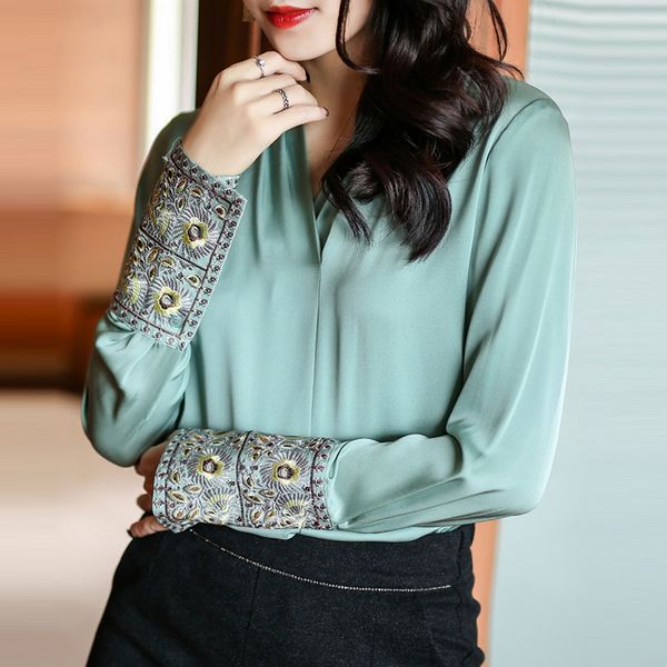 

spring fall womens embroidery long sleeve black white green imitation silk blouse shirt , casual and blouses for women