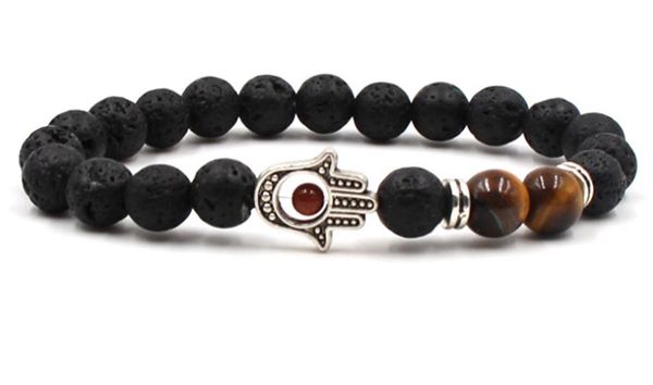 

8mm hh4t hand eye silver ball black stone volcanic lava nature black stone yellow tigereye bracelet reiki chakra fashion