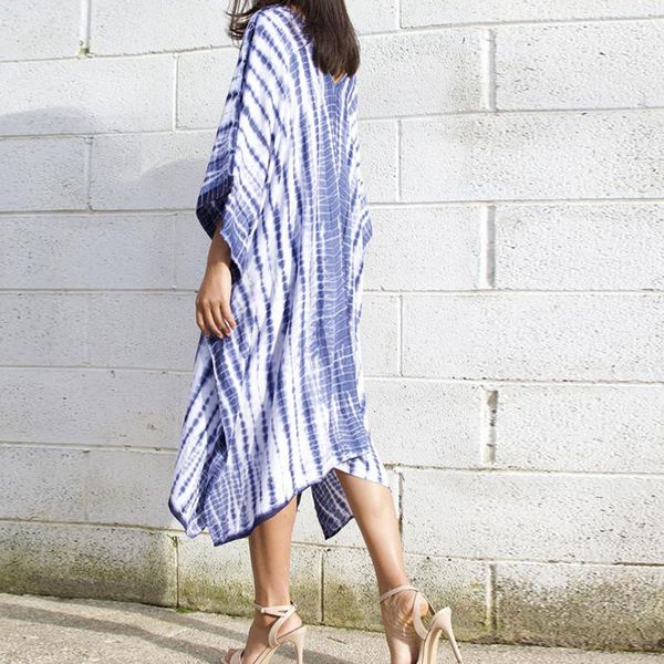 

hvid kjole women's printing fashion stripe casual tie dyeing gradient v neck color short sleeve blue loose sequin dress #15, Black;gray