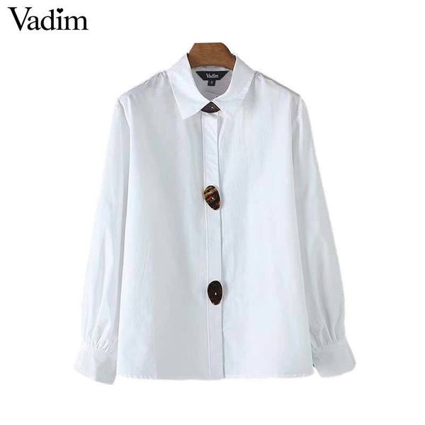 

vadim women chic sweet solid oversized long blouse long sleeve buttons design female loose simple basic casual lb189, White