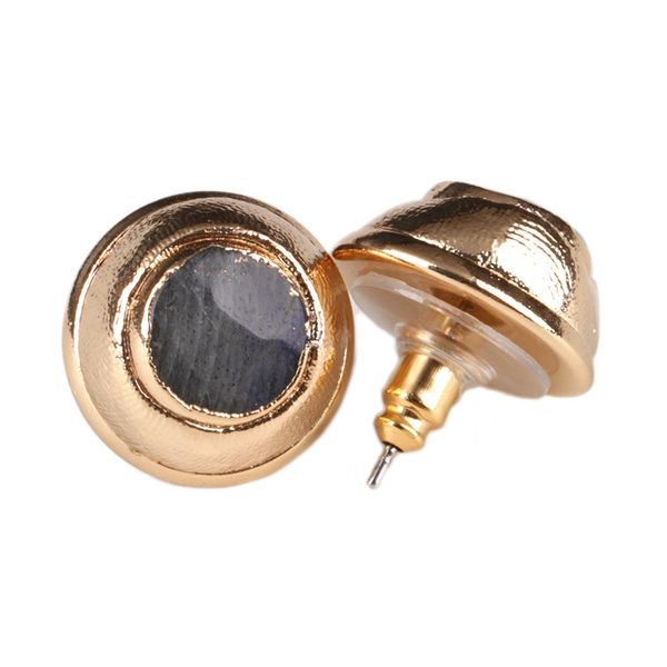 

natural dark grey gray labradorite semi precious stone bead charm gold push back button stud earring for women, Golden;silver