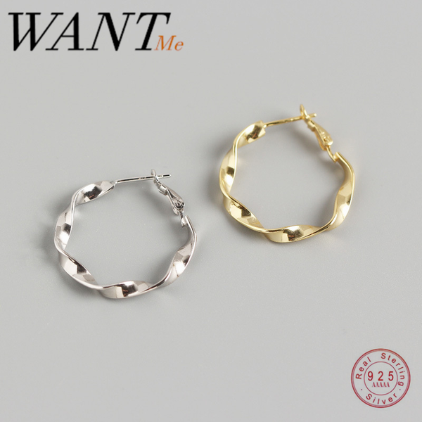 

wantme genuine 100% 925 sterling silver minimalist round circle rotating twist stud earrings for women geometric fashion jewelry, Golden;silver