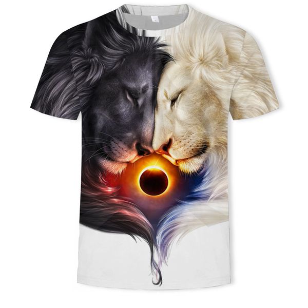 

mens3d lion printed round collar short sleeve t-shirt, White;black