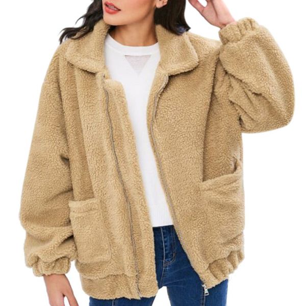 

women autumn warm soft zipper fur jacket female plush overcoat with pocket outerwear, Black
