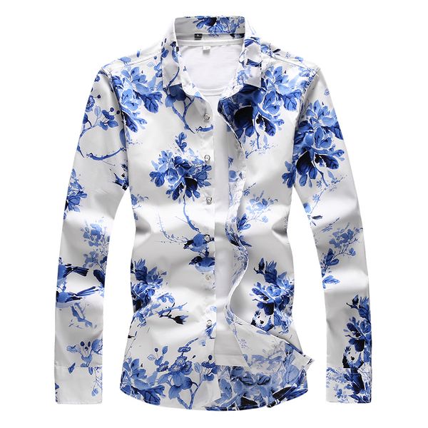 

2019 summer fashion floral printing mens shirt casual slim fit long sleeves shirt mens clothing flower shirts s-7xl, White;black