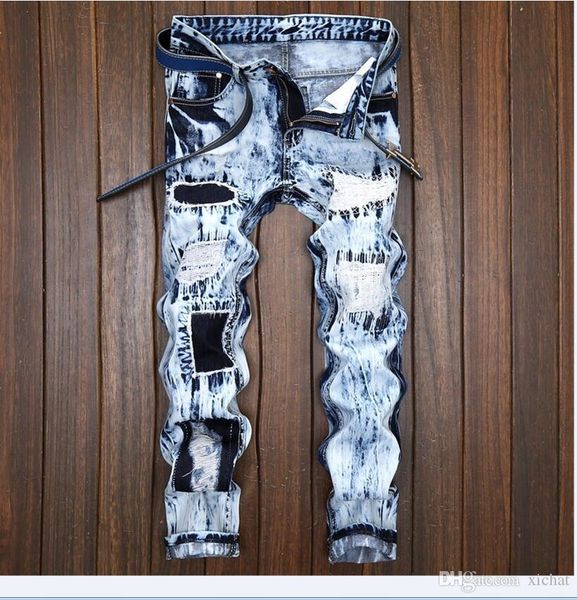 

brand new mens distressed ripped patched jeans fashion designer retro washed light blue embroidery straight leg denim pants jb167