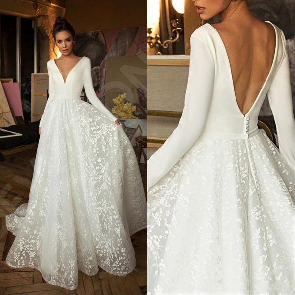 

2021 elegant boho long sleeve wedding dresses v neck covered button backless lace train bridal gown vestido de novia 1843