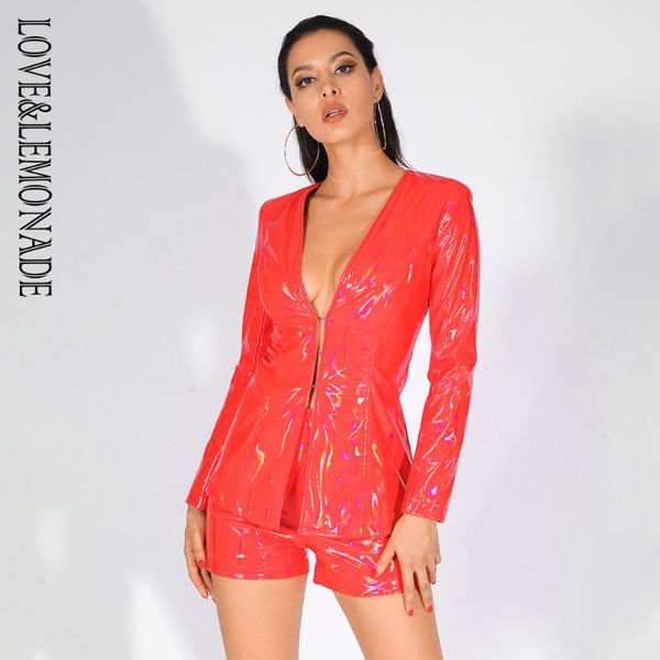 

love&lemonade deep v-neck reflective artificial leather two-pieces set lm80316-1 red, Gray