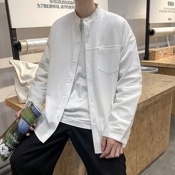

men's shirt 2020 summer new slim pure color simple shirt loose casual stand collar fashion individuality youth men's wear, White;black