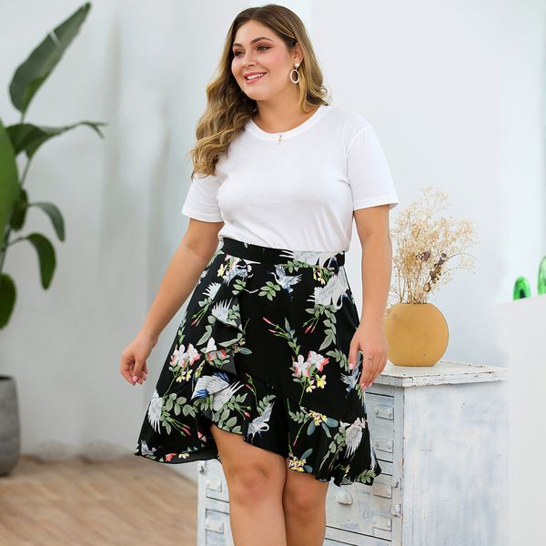 

new plus size women chiffon skirt europe fashion bow saia midi lining jupe femme lace up falda mujer summer print floral skirts, Black