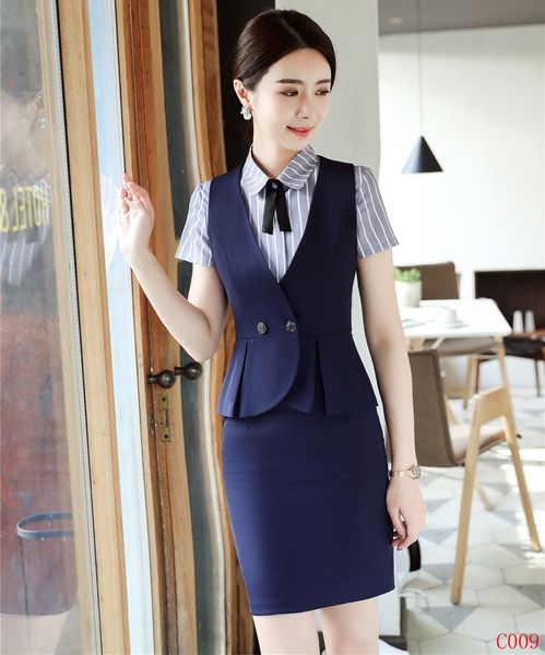 

ladies navy blue vest waistcoat women business suits with skirt and sets office uniform designs, Black;white