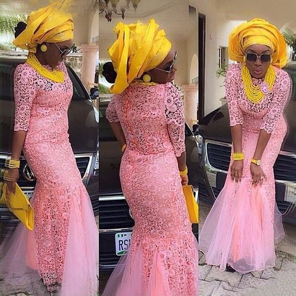

pink lace african evening dress mermaid half sleeve elegant long prom dresses vestido de festa longo abendkleider customized, Black;red