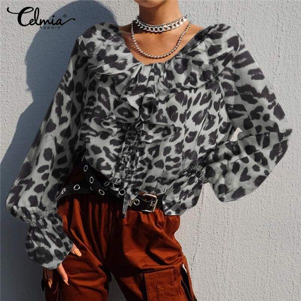 

fashion ruffles blouses 2019 celmia women long flare sleeve casual loose lace up female shirt leopard print blusas plus size, White