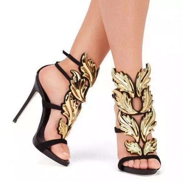 

zhenzhou metal wings stiletto super high-heeled open-toe women sandals roman sandals 10cm t01, Black