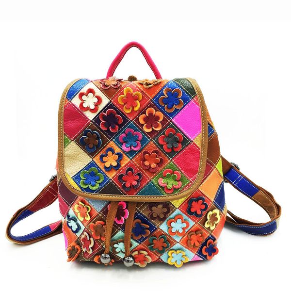 

2020 women's leather backpackage leather color panel flower backpack n4ih