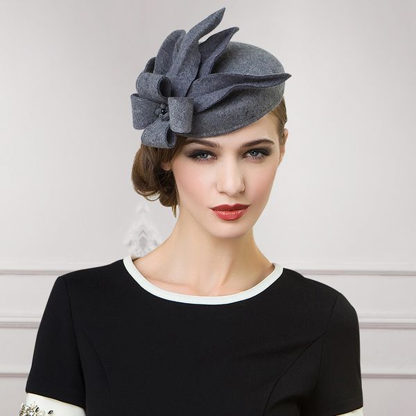 

2018 new winter wool hats for women ladies dance elegance small flower wool hat no brim brand designer black gray b-1206, Blue;gray