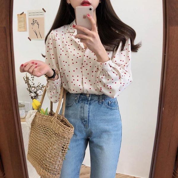 

women shirts loose long sleeve patchwork women dot blouses female vetement femme print femme casual spring s-xl cotton full, White